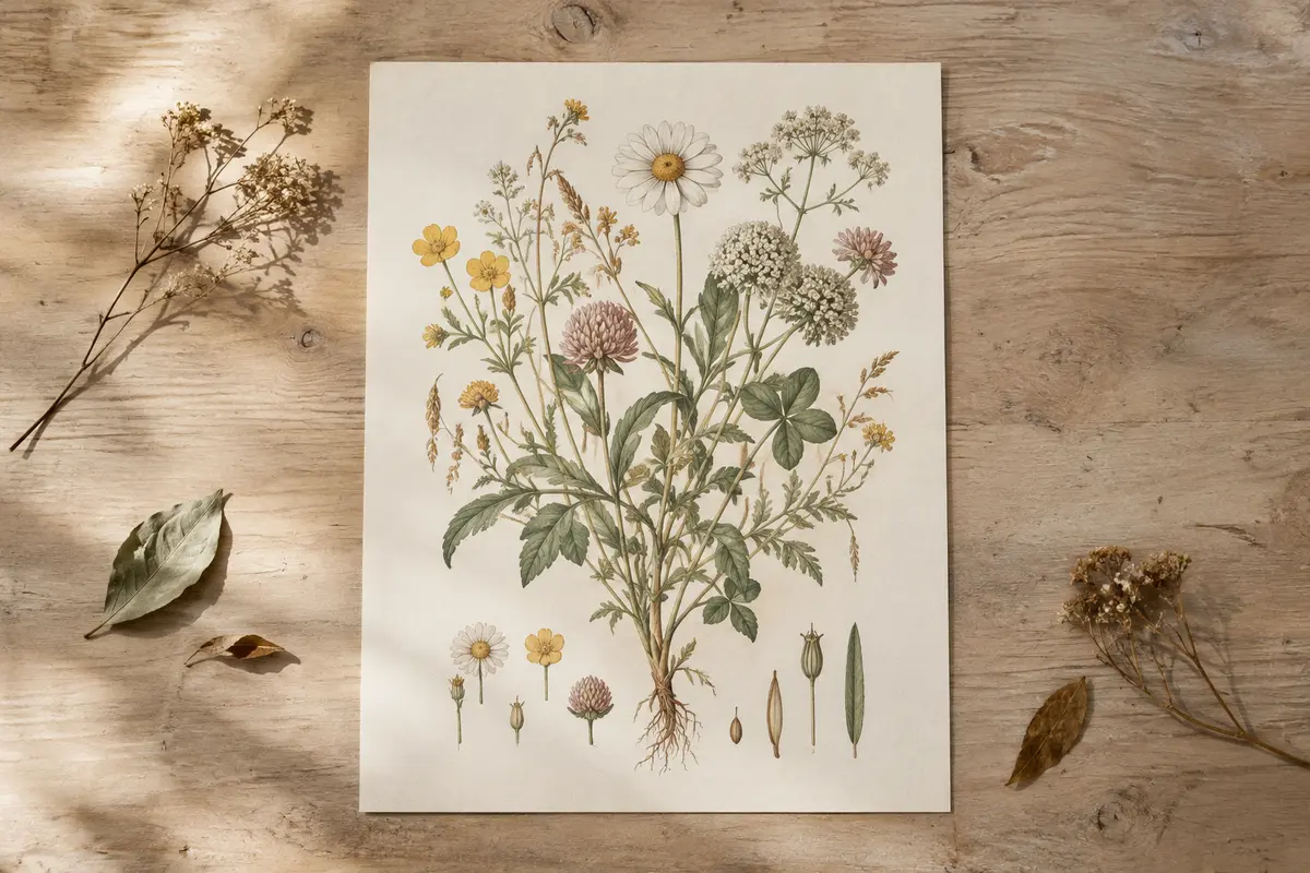 Affiche botanique de fleurs dans des tons terre et pastel, présentée à plat sur un fond ivoire.
