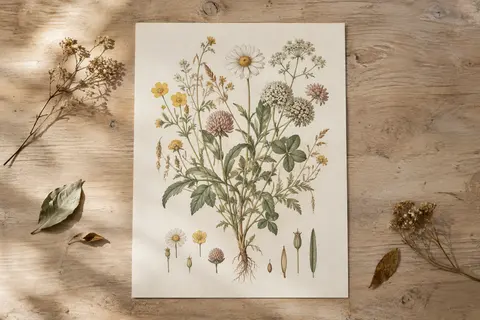 Affiche botanique de fleurs dans des tons terre et pastel, présentée à plat sur un fond ivoire.