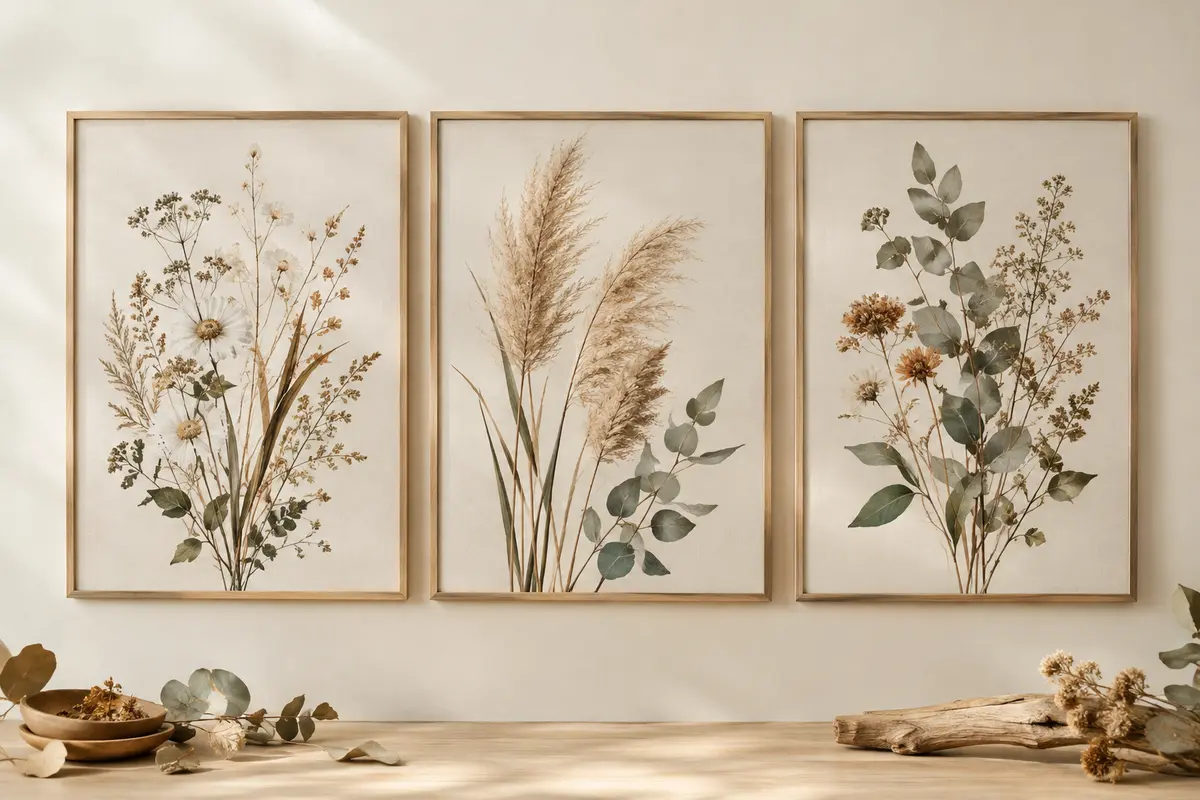 Triptyque encadré de trois toiles botaniques aux fleurs sauvages, pampas beige et feuillages sauge.