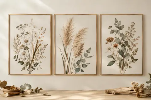 Triptyque encadré de trois toiles botaniques aux fleurs sauvages, pampas beige et feuillages sauge.