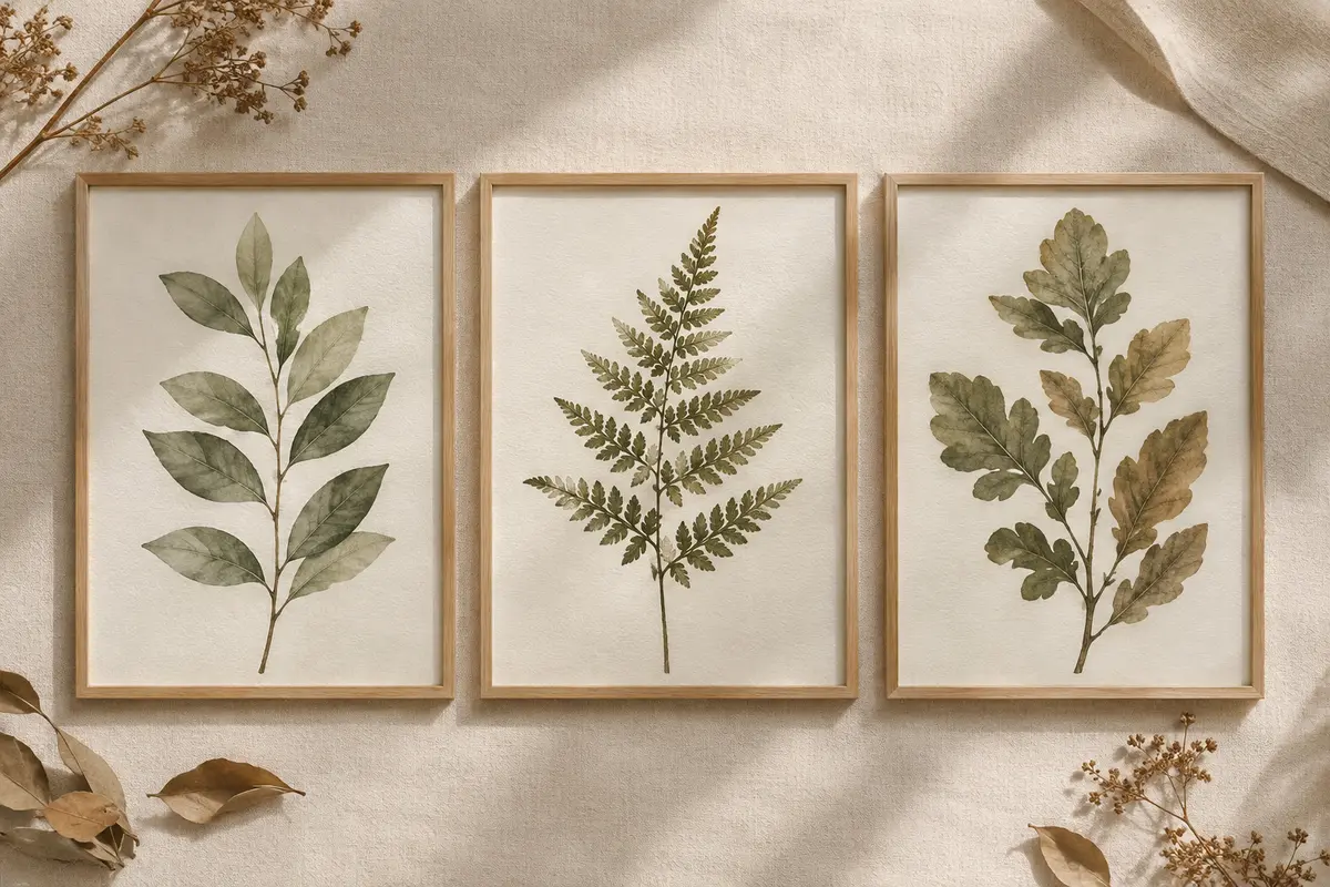 Trois affiches botaniques de feuilles au format A4 présentées côte à côte dans de fins cadres en chêne.