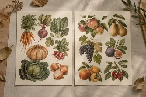 Deux affiches botaniques vintage de fruits et légumes posées sur du lin et du papier ivoire.