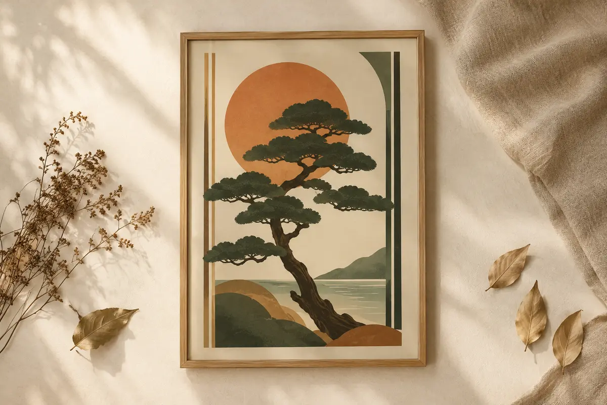 Affiche botanique Salvadero avec un arbre minimaliste, présentée dans un cadre fin en chêne sur fond ivoire.