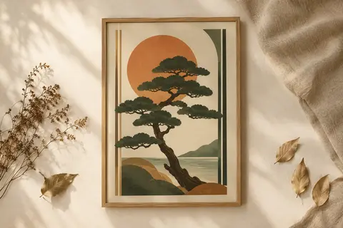Affiche botanique Salvadero avec un arbre minimaliste, présentée dans un cadre fin en chêne sur fond ivoire.