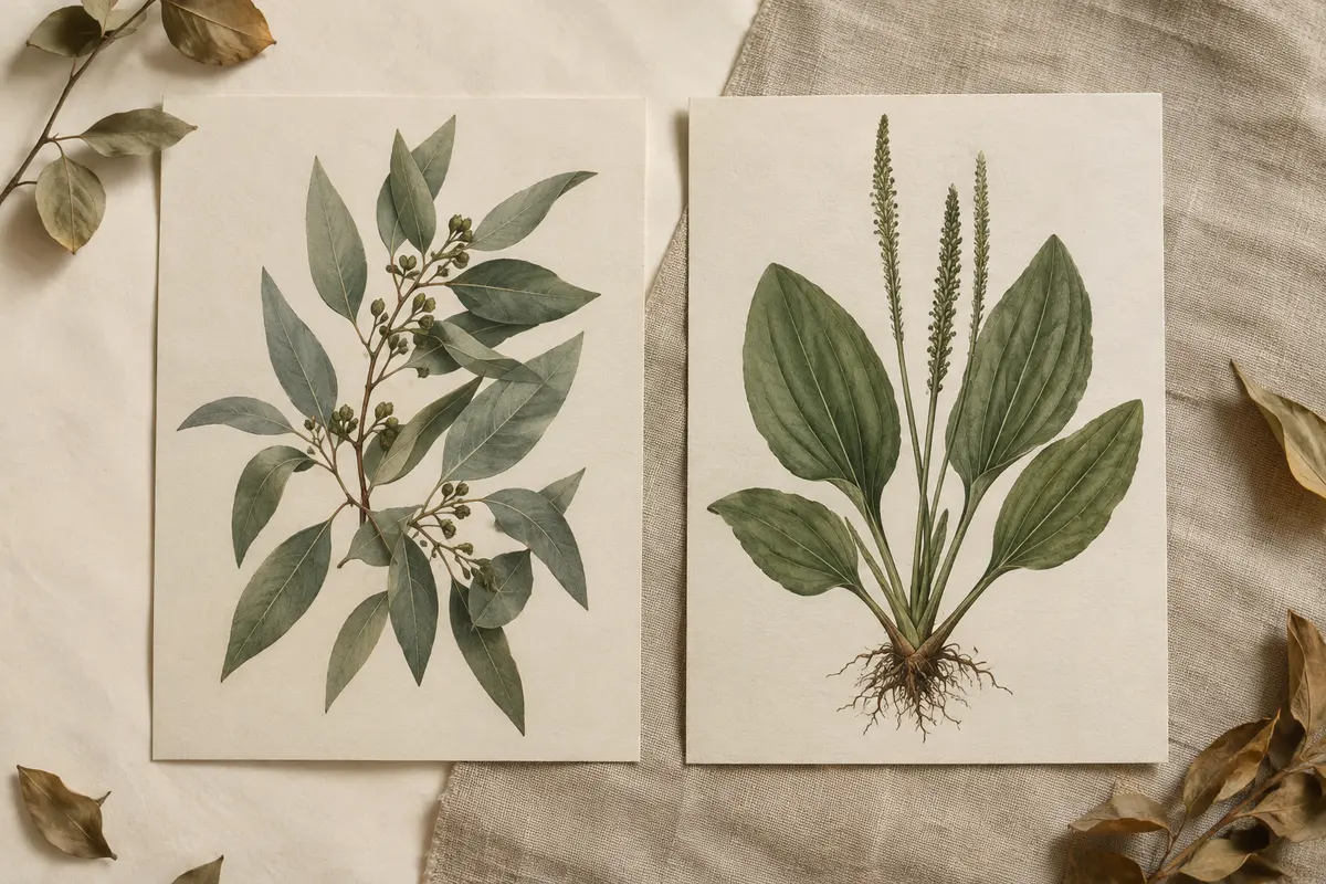 Deux affiches botaniques sur toile représentant des feuilles d’eucalyptus et de plantain sur fond ivoire.