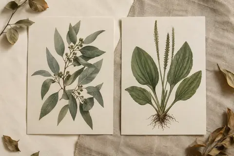 Deux affiches botaniques sur toile représentant des feuilles d’eucalyptus et de plantain sur fond ivoire.