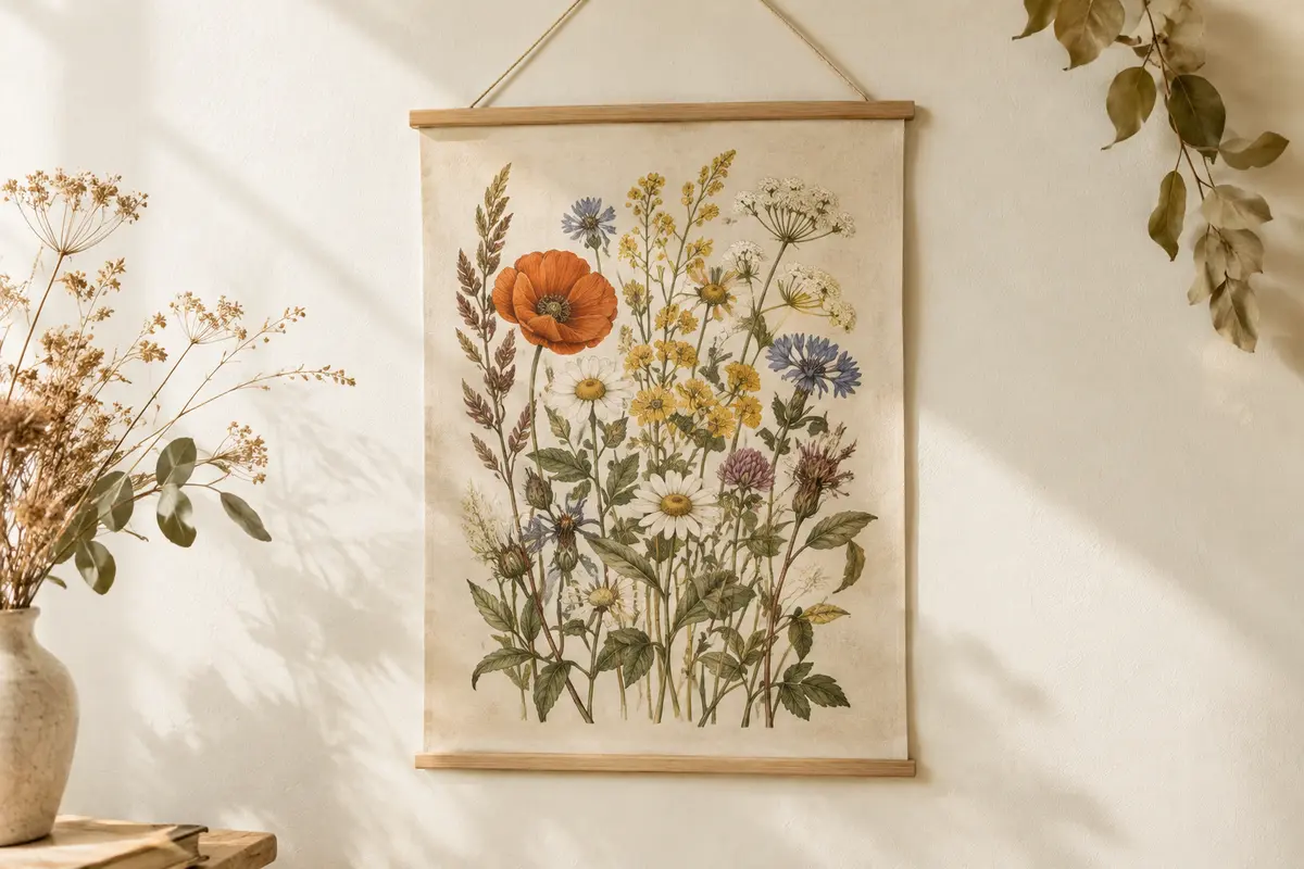 Affiche rétro de fleurs sauvages en toile, suspendue par des éléments en bois sur un fond clair.