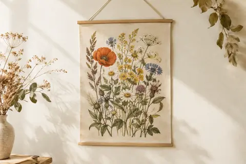 Affiche rétro de fleurs sauvages en toile, suspendue par des éléments en bois sur un fond clair.