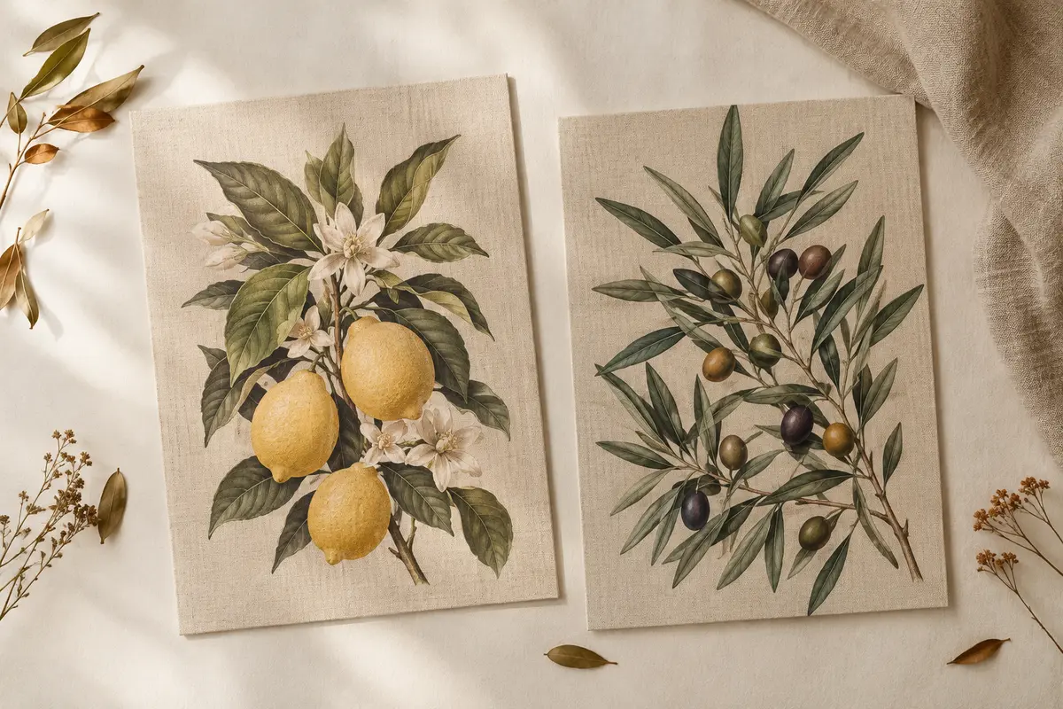 Deux affiches botaniques en toile représentant un citronnier et un olivier, posées sur un fond ivoire.