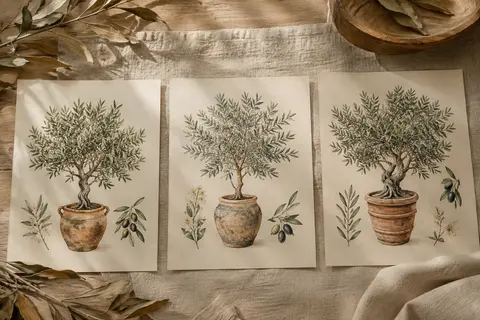 Trois affiches vintage d’olivier posées à plat sur un fond ivoire avec des feuilles séchées.