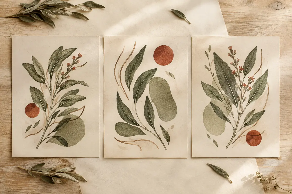 Trois affiches botaniques abstraites aux motifs de sauge et aux accents rouges, posées sur un fond clair.