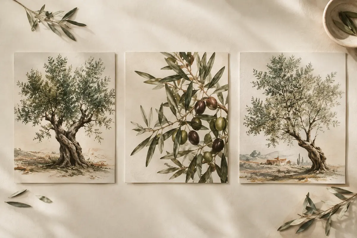 Trois affiches sur toile illustrant l’olivier, disposées côte à côte sur un fond ivoire lumineux.