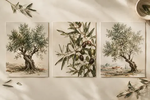 Trois affiches sur toile illustrant l’olivier, disposées côte à côte sur un fond ivoire lumineux.