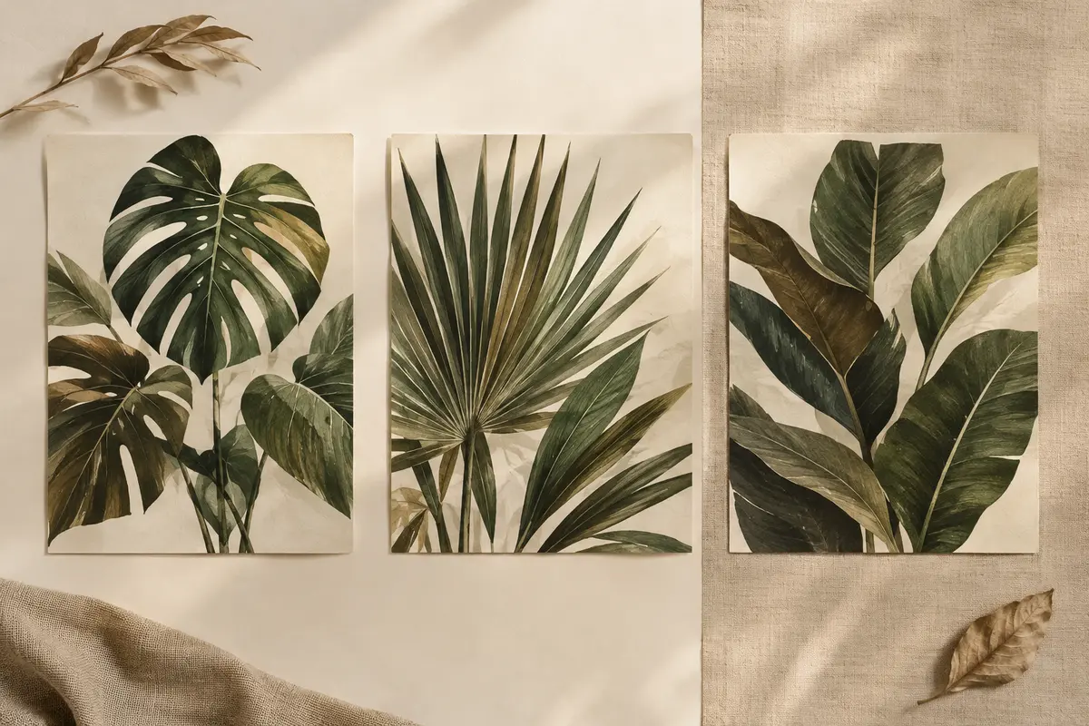 Trois affiches botaniques tropicales aux motifs de feuilles vertes, posées côte à côte sur un fond ivoire.
