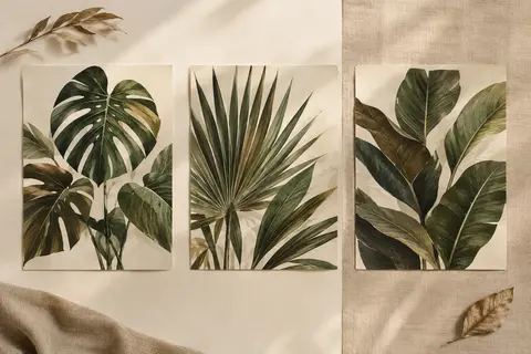 Trois affiches botaniques tropicales aux motifs de feuilles vertes, posées côte à côte sur un fond ivoire.
