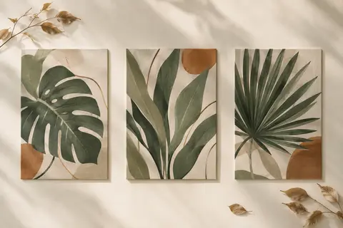 Trois affiches botaniques sur toile aux motifs de feuilles tropicales, disposées sur un fond ivoire.