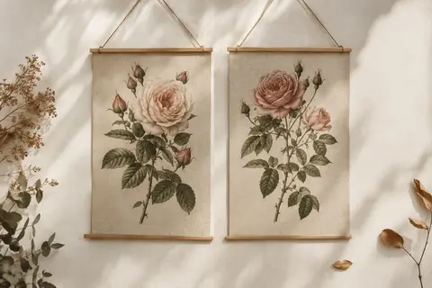 Deux impressions botaniques de roses sur lin, suspendues côte à côte par des baguettes en bois