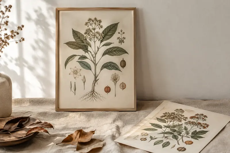 Affiche botanique encadrée et planche illustrée posées dans une ambiance naturelle et lumineuse
