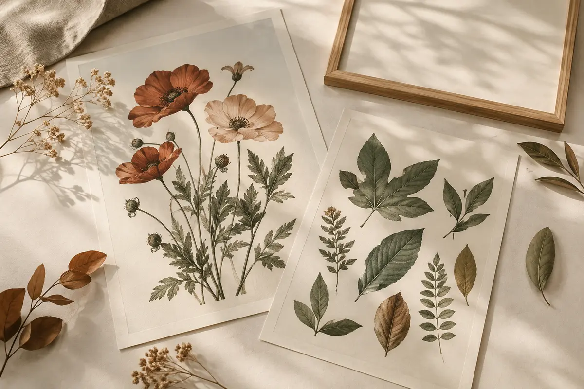 Affiche botanique et planche de feuillages présentées sur papier ivoire, près de feuilles séchées